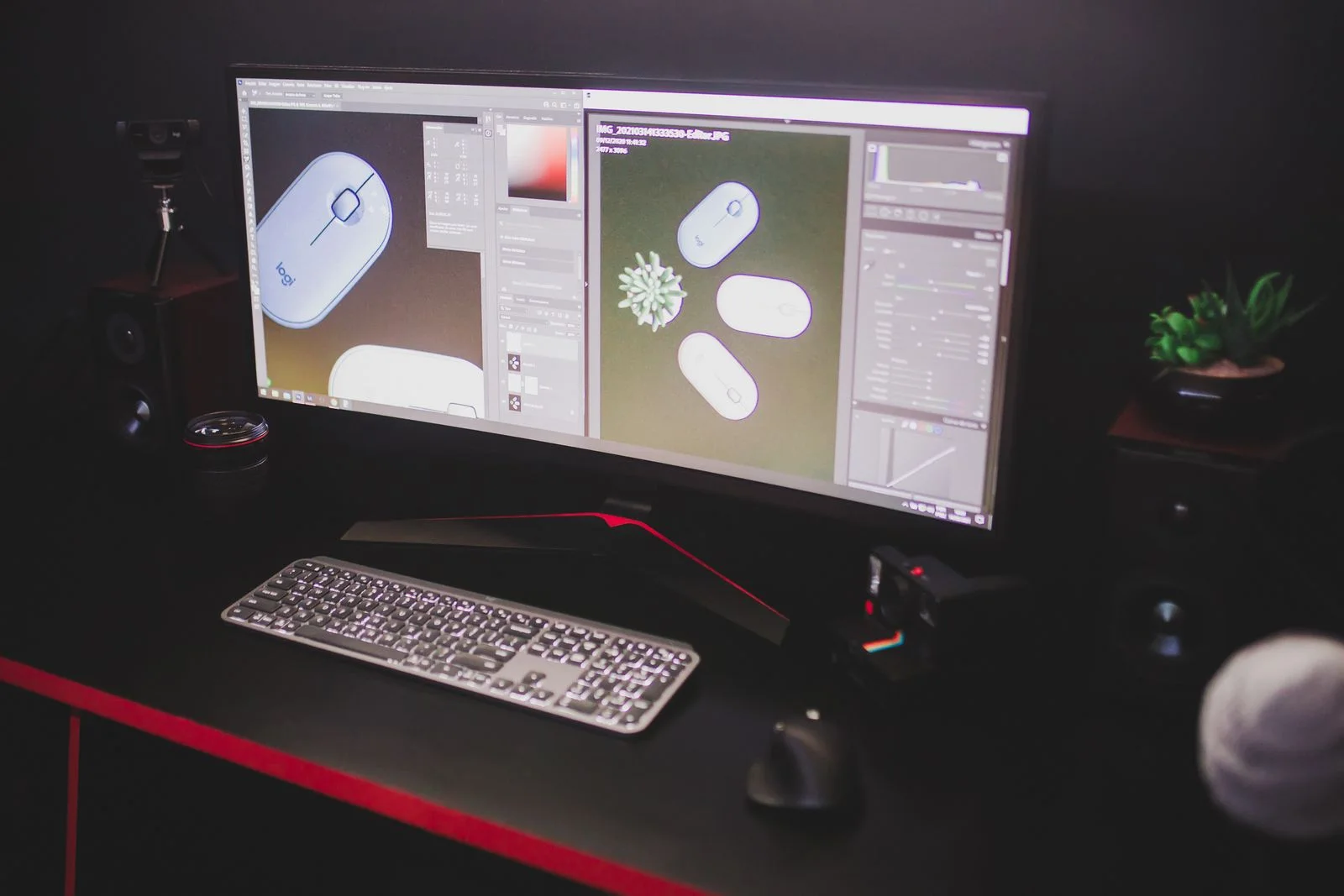 Desktop monitor and keyboard in an office setup