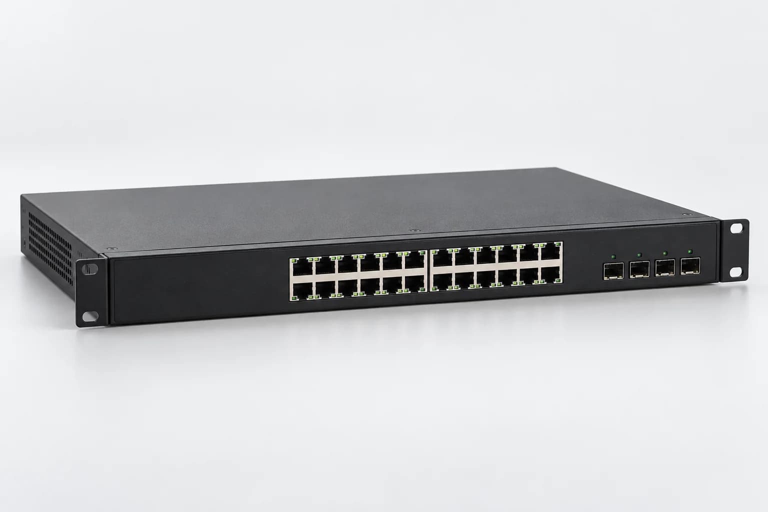 Black rack-mounted network switch with Ethernet and uplink ports